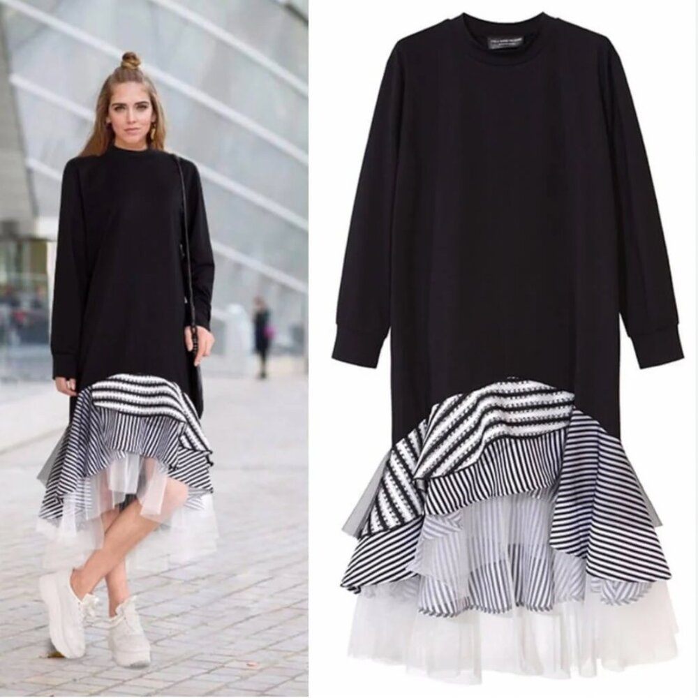 Long Sleeve Long Black Dress with White/Black Asymetrical Bottom layers